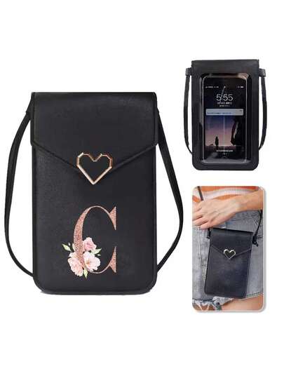 Bolso bandolera con forma de corazón y pantalla táctil, elegante, bolso de hombro multifuncional con ventana transparente y billetera, perfecto para mujeres con letras en color dorado rosa