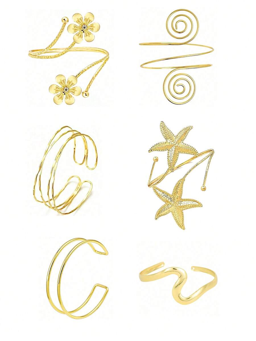 时尚花卉蝴蝶夸张螺旋臂环，多层几何手镯，海星臂环，可调节多功能设计，适合日常佩戴，送给女友/妻子的礼物 - 6PC金色AT008 - 查看 1