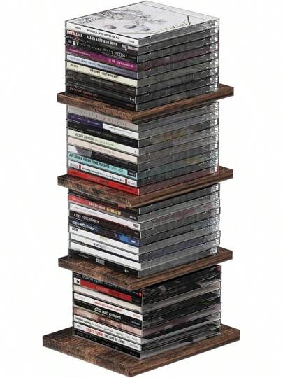 Organizador vertical de 4 niveles para CD y DVD, estante de madera sólida y metal negro mate con asa de transporte, soporte de CD ahorrador de espacio para escritorio y teatro en casa (Capacidad para 40 CD) GNT8