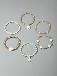 imoli 6件套时尚波西米亚海洋系列玻璃珠树脂珍珠四叶草海星贝壳叠层手链套装，适合女性海滩度假、节日派对、珠宝礼品 - 31285-ank-white-EP - 查看 8