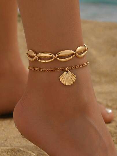 2pcs/Set Summer Ocean Style Golden Shell Anklet, Fashion Beach Resort Jewelry For Women, Suitable For Daily Wear And Beach Travel
