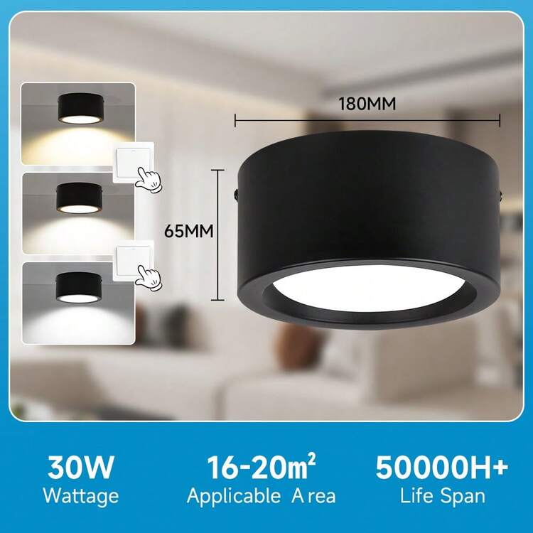 1pc Modern Minimalist Iron Ceiling Light Downlight, Black/White, Height 6.5CM, Round Spotlight, 10W/20W/30W, 220V, White Light/3-Color Switchable, Iron + PC Material, Suitable For Living Room, Bedroom, Kitchen, Mall, Bar, Corridor, Bathroom, Dining Room - Indoor LED Downlights - View 19