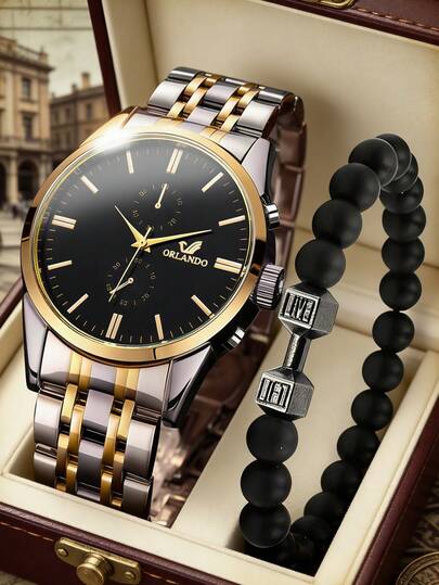 两件套男士时尚休闲石英圆形表盘手表和哑铃头串珠手链首饰套装，适合日常佩戴、生日礼物、派对、节日聚会，也是送给自己或朋友的理想礼物。不含包装盒。