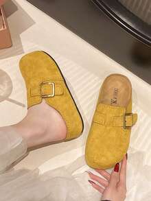 2026 New Summer Women Fashion Flat Slide Sandals, Casual Outdoor Retro Buckle Strap Beach Slippers, Thick Sole Slip-On House Slippers - Yellow - View 2