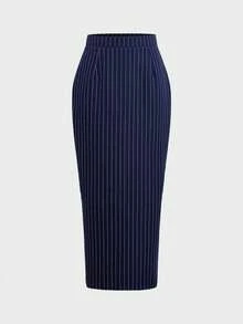 Plus Size Elegant Minimalist Holiday Party Commute Daily Business Suit Set, Women Autumn Long Sleeve Waist Cinched Fitted Blazer & Midi Skirt Suit Summer - Navy Blue - View 10