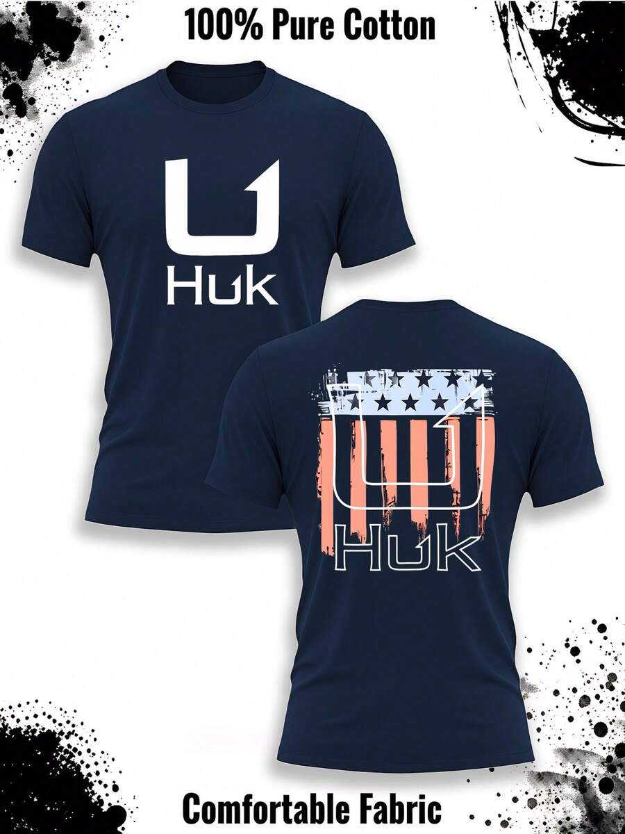 HUK FLAGSHIP HOOK 100% Pure Cotton T-Shirt, Large Fish Hook Logo With American Flag Pattern Graphic Tee, High-Quality Professional Fishing Gear Printed Streetwear, Men's Short Sleeve Shirt, Performance Outdoor Aesthetic, Comfortable Breathable Fabric, Holiday Gift, Premium Cotton Tee, Camisetas Para Hombre, Urban Angler Outfits, Classic Black Wash - Navy Blue - View 1