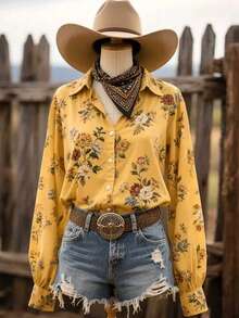 2026早春新款西式女装时尚百搭优雅碎花领长袖休闲衬衫度假 - 黃色 - 查看 2