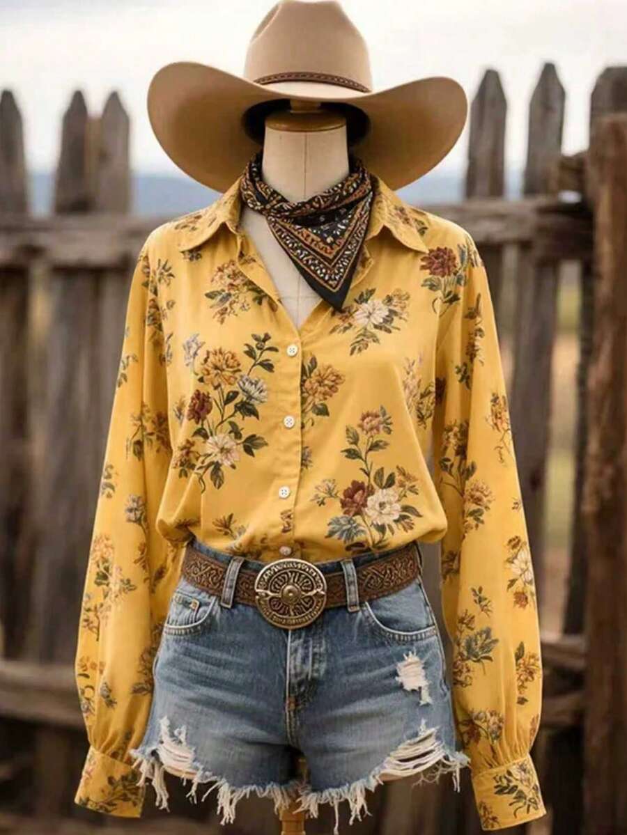 2026早春新款西式女装时尚百搭优雅碎花领长袖休闲衬衫度假