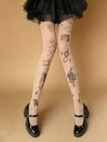 1 Pair Nude Sheer Tights With Cartoon Bunny Print Sexy Cute Rabbit Pattern Stockings Daily Wear - Multicolor - View 3