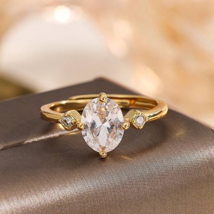 1 chiếc (Chất lượng cao) Nhẫn Niche Elegant đính đá Cubic Zirconia, thiết kế sang trọng, ít gây dị ứng, phù hợp đeo hàng ngày và trong các dịp cưới hỏi, quà tặng trang sức ngày Valentine. - Vàng - Xem 1