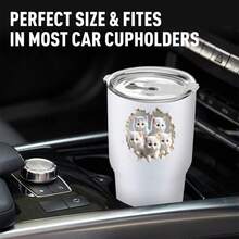 30oz Stainless Steel Tumbler Black White Options,  Cute White Kittens Peeking Through Hole Graphic Cups, Insulated Travel Coffee Mug With Lid And Straw , Double Wall Vacuum Reusable Travel Cups, Funny Birthday Party Gift For Women & Men - trắng - Xem 2