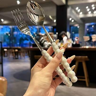 1/4pcs Ceramic Handle Flatware Set, Stainless Steel Fork Spoon Set, Creative Pearl Shaped Handle Fork Soup Spoon Rice Spoon, Suitable For Restaurant And Home Dining, Kitchen Supplies