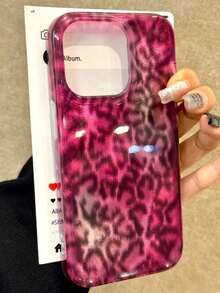 1pc Fashionable Lucky Red Leopard Glitter Icy Phone, Compatible With 17 16 15 14 13 12 Pro, Transparent Soft Silicone Back Cover With Girl Mirror Lens - 粉紅色豹紋 - 查看 3