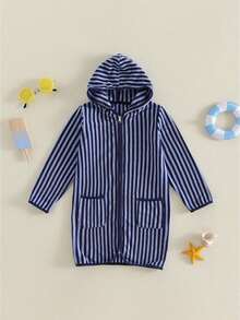 Kids Toddler Baby Girl Boy Terry Swim Cover Up Summer Beach Towel Swimsuit Coverups Baby Poncho For Kids Zip Up Long Sleeve Striped Hooded Bathing Suit Cover Up One Piece Swimsuits - 藍色 - 查看 1
