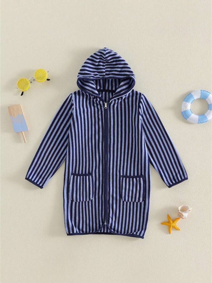 Kids Toddler Baby Girl Boy Terry Swim Cover Up Summer Beach Towel Swimsuit Coverups Baby Poncho For Kids Zip Up Long Sleeve Striped Hooded Bathing Suit Cover Up One Piece Swimsuits - 藍色 - 查看 1