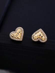 PLINEWAX Fashionable Silver-Tone Heart-Shaped Earrings With Sparkling Crystal Inlay, Delicate Heart Earrings, Everyday Jewelry - Gold - View 1