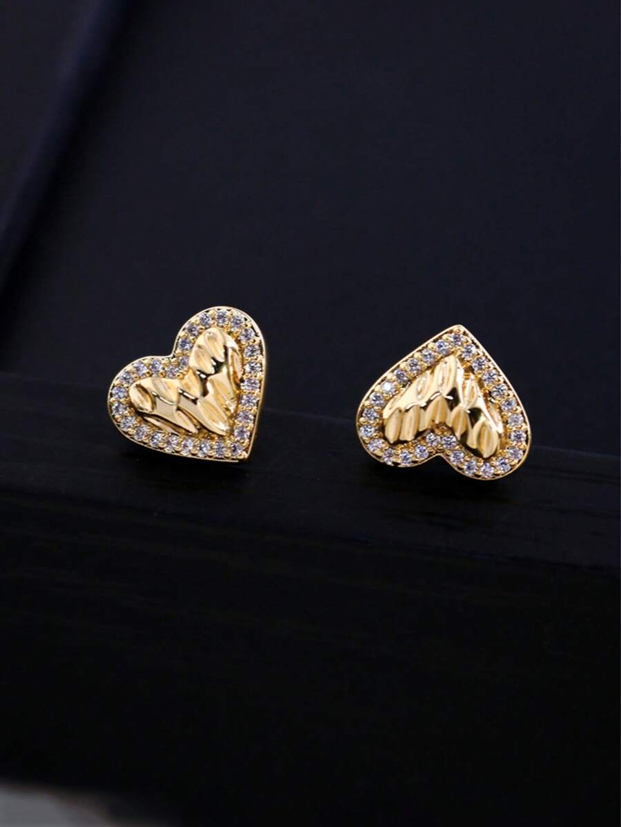 PLINEWAX Fashionable Silver-Tone Heart-Shaped Earrings With Sparkling Crystal Inlay, Delicate Heart Earrings, Everyday Jewelry - Gold - View 1