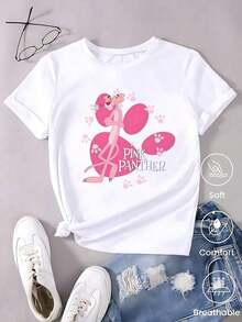 Women's White T-Shirt With  Graphic And Sunglasses, Retro Cartoon Aesthetic Short Sleeve T-Shirt, Fun Modern Top, Casual Street Fashion Blouse - 黑與白 - 查看 12