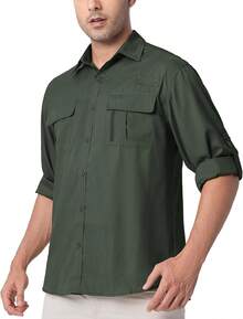 Men's Lightweight UV Protection Safari Shirt For Outdoor Travel - Army Green - View 7