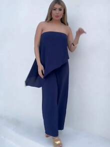 Long Asymmetrical Strapless Pantaloon Jumpsuit Spring Summer - Blue - View 4