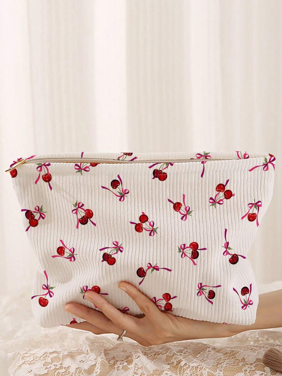 1个便携式化妆包，樱桃蝴蝶结图案双面印花，拉链旅行化妆品收纳袋，多功能洗漱用品收纳袋 - 彩色 - 查看 1