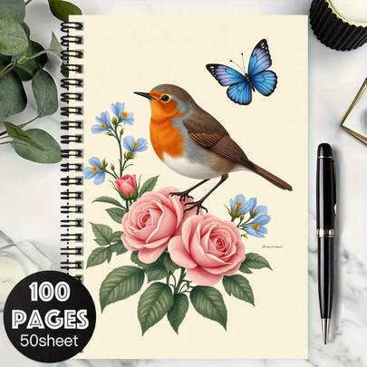 100-seitiges Spiralheft mit elegantem Blumen- und Vogelmuster auf dem Cover, mit einem farbenfrohen Vogel auf rosa Rosen und blauen Blumen mit einem blauen Schmetterling, geeignet für Arbeit, Schule, Journaling und tägliche Planung. Auch ein sinnvolles Geschenk zu Abschluss, Geburtstag und anderen Anlässen.