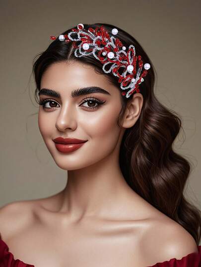 1pc Shiny Red Multi-Layer Crystal Beaded Headband, Luxury Elegant Pearl Decor Princess Style, Suitable For Bride, Wedding, Formal Events, Parties, Casual Wear