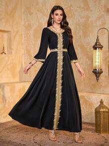 SUPGIR Women's V-Neck Straight Sleeve Chiffon Camisole Waist Design Elegant Slim Fit Evening Dress - Black - View 5
