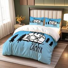 3pcs Blue Travel & Camping Map Print Duvet Cover Set, Soft & Breathable 100% Polyester Fabric, Machine Washable, Suitable For All Seasons, (1 Duvet Cover + 2 Pillow Shams, No Filling), Ideal For Bedroom And Guest Room Bedding Decor - Multicolor - View 9
