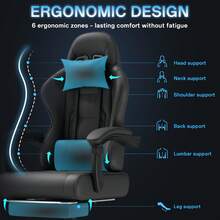 DEVOKO Ergonomic Gaming Chair With Adjustable Armrests, Retractable Footrest & Lumbar Support, Comfortable PU Leather Desk Chair - Black - View 6