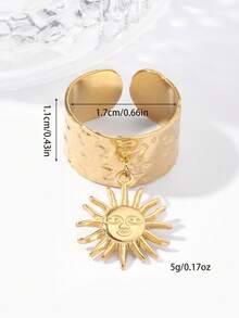 1 pièce Bague ouverte ajustable texturée en acier inoxydable avec motif soleil, bague de couple à la mode et personnalisée - Doré - Voir 2