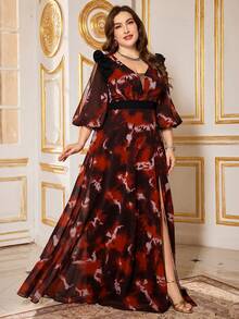 SUPGIR Plus Women's [Random Cut] V-Neck Bubble Sleeve Narrow Waist High Slit All Over Print Chiffon Formal Evening Dress - Red - View 5