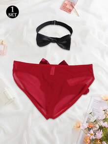 Men's Red Sexy Bow Decor Briefs, Thin Mesh Semi-Sheer Breathable Comfortable Daily Wear Thong With Bow Decor Necklace - Red - View 4