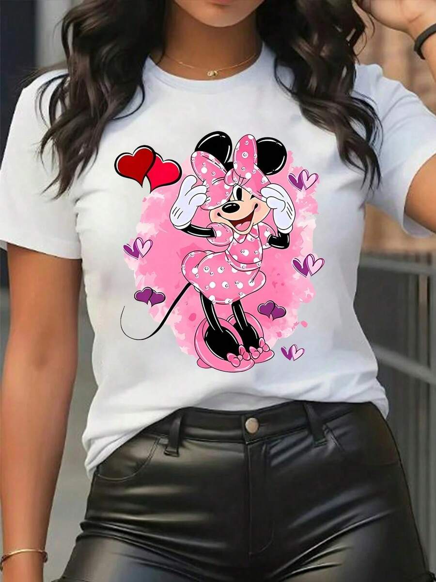Disney Women's Casual Cotton Minnie Mouse Print Short Sleeve Round Neck T-Shirt, Regular Fit Top For Everyday Wear, Fun Cartoon Tee. - trắng - Xem 1