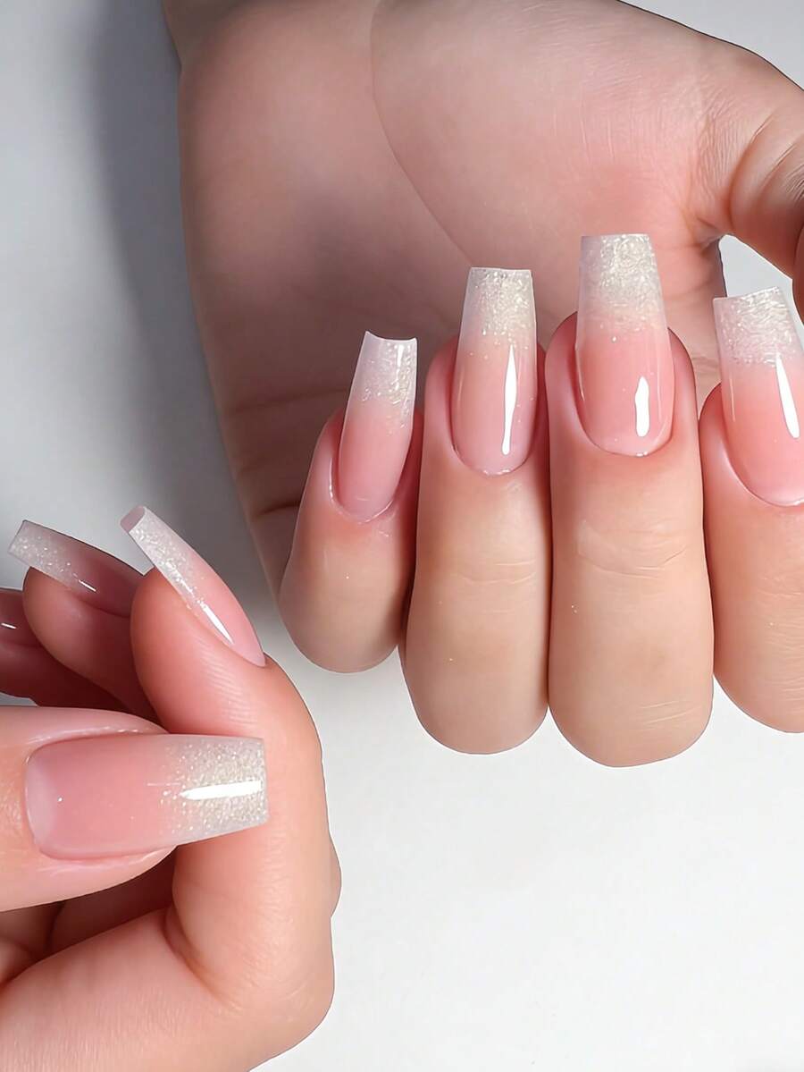 24片简约优雅裸粉色渐变亮面哑光人造指甲，时尚百搭，适合约会、派对、春夏秋冬日常佩戴，可卸式按压指甲套装，包含果冻胶和指甲锉，果冻胶颜色随机。 - 西瓜粉 - 查看 1