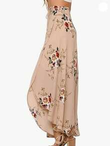 Women Boho Print High Waist Side Wrap Bohemian Asymmetric Hem Maxi Long Skirt - Màu Khaki - Xem 4
