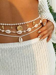 Bộ 3 món dây đeo eo nhiều lớp kiểu Bohemian bãi biển đính ngọc trai, vỏ sò và hạt cườm, trang sức cơ thể phong cách bãi biển dành cho nữ. - Bộ ngọc trai 3 món - Xem 5