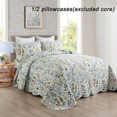 2/3pcs Floral Bedspread Set (Bedspread*1, Pillowcase*1/2, Pillow Insert Not Included), Fashion Printed Design, Elegant, Breathable & Comfortable, Soft Fabric, Suitable For Bedroom, Hotel, Guest Room, Bedding Set, All Season