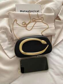 PU皮革手拿包，时尚优雅的方形晚宴包，正式派对包，礼服包，舞会礼服包，链条包，婚礼包 - 黑色 - 查看 7