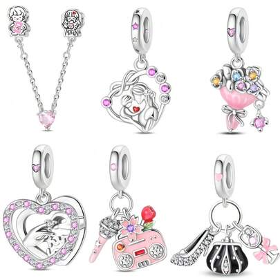 A Silver Plated Pink Series - Flower Bag Couple Pendant Suitable For 3mm Original Bracelet Necklace DIY Bead Women's Daily Gift, Birthday Party Holiday Gift