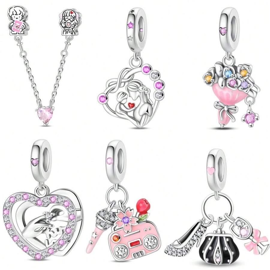 镀银粉色系列 - 花朵包情侣吊坠，适用于3毫米原装手链项链DIY串珠，女士日常礼物、生日派对节日礼物 - 彩色 - 查看 1