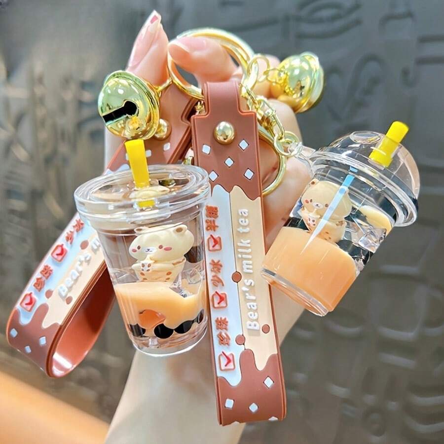 1 Móc khóa trà sữa ngọc trai giả với mặt dây chuyền hình gấu bông nhỏ lấp lánh bên trong, phụ kiện túi quà tặng đôi, móc khóa cốc trà sữa hoạt hình dễ thương, phụ kiện móc khóa xe hơi và túi xách sáng tạo cho cặp đôi