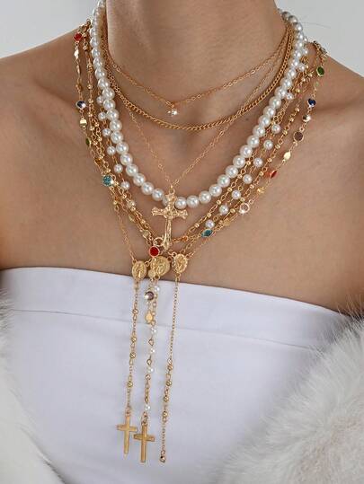 Bộ 4/8 dây chuyền mặt dây chuyền hình thánh giá phong cách tối giản, thanh lịch, kiểu Bohemian, đính ngọc trai giả và đá pha lê nhiều màu sắc, thích hợp cho phụ nữ đi nghỉ mát, dự tiệc, tiệc chiêu đãi, lễ hội, sinh nhật và đeo hàng ngày.