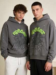 2-Piece Set Men's Hip Hop Spider Web Pattern Graphic Alphabet Print Harajuku Vintage Hoodie Long Sleeve Street Wear Top For Both Men And Women Oversized Hoodies,Y2k Hoodies, - 灰色*2 - 查看 3