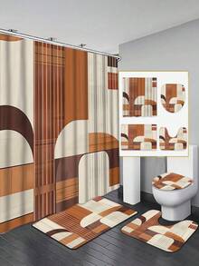 Bohemian Geometric Shower Curtain Set: 71" X 71" Polyester Curtain With 12 Hooks, Brown, White, And Beige Bath Mat, U-Shaped Toilet Mat, And Lid Cover - Machine Washable, Waterproof, And Seasonal - A - View 7