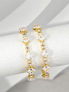 1 Pair Women's Rhinestone Inlaid Square Bangle Bracelet Set, Suitable For Daily Wear - Gold - View 4