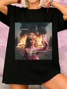 Plus Size-Funny Men's And Women's Round Neck T-Shirt Women's  Fashion T-Shirt,Vintage Y2k Doll Face Meme T-Shirt - Sarcastic Weirdcore Tee With Retro Y2K Aesthetic, Machine Washable Casual Top Suitable For Spring Summer Fall Outfits, Nostalgic Meme Apparel - màu đen - Xem 1
