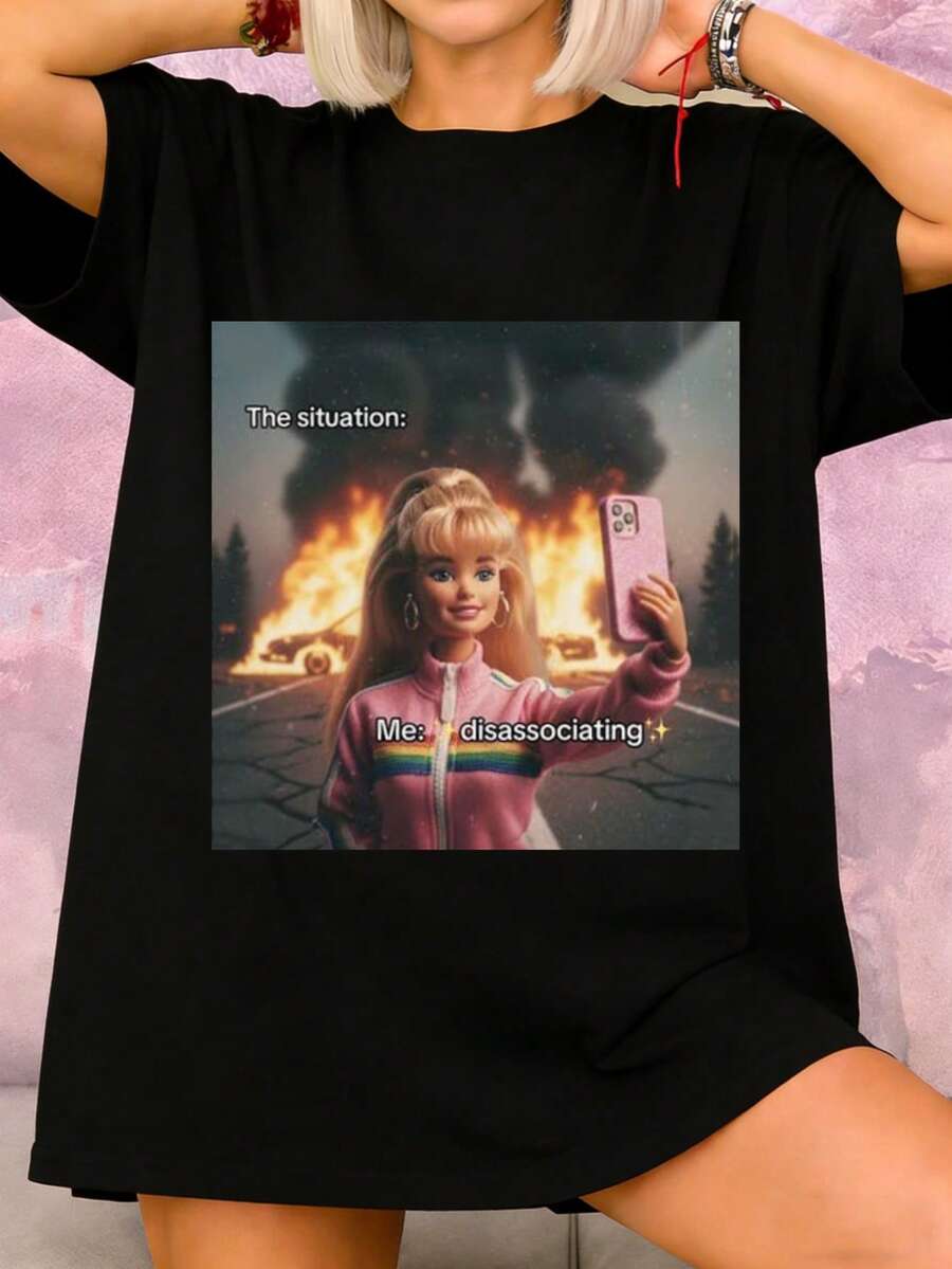 Plus Size-Funny Men's And Women's Round Neck T-Shirt Women's Fashion T-Shirt,Vintage Y2k Doll Face Meme T-Shirt - Sarcastic Weirdcore Tee With Retro Y2K Aesthetic, Machine Washable Casual Top Suitable For Spring Summer Fall Outfits, Nostalgic Meme Apparel - màu đen - Xem 1