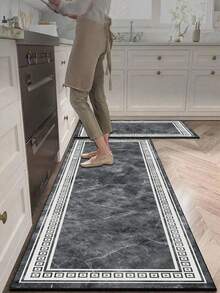 1pc Silica Gel Kitchen Mat, Deep Gray Marble Texture Center Base With Natural White Cracks, Double White Borders With Classic Greek Key Geometric Pattern, Luxurious Modern Style, Cushioned Anti-Fatigue Kitchen Carpet With Fabric Surface, Sponge Absorbent Middle Layer, And Non-Slip Rubber Bottom - Multicolor - View 2