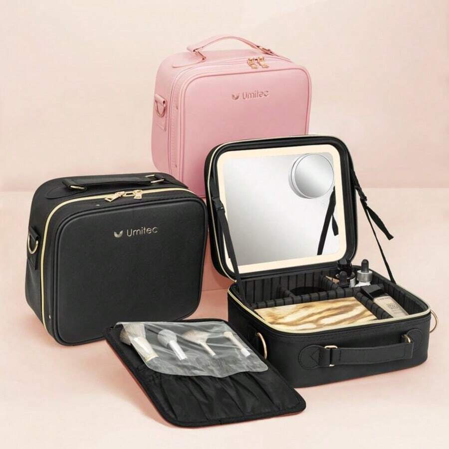Makeup Bag With 3 Color Led Mirror, PU Leather Travel Cosmetic Bag Makeup Organizer Bag, Portable Makeup Case Adjustable Dividers Storage Box, Gift - Multicolor - View 1